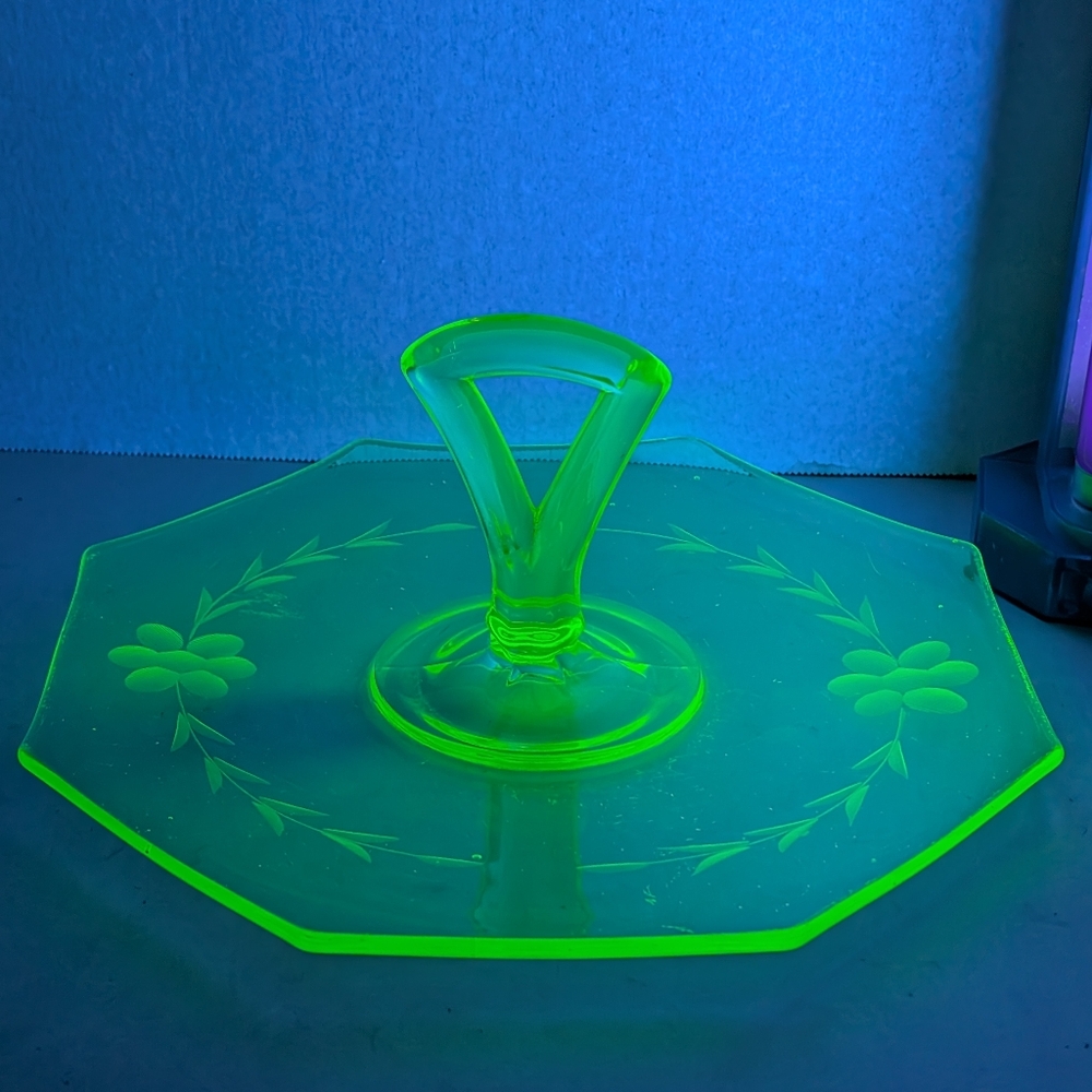 Vintage Green Depression Glass With Floral Decoration Serving Tray With Handle